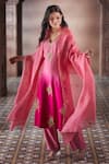 Shop_Aariyana Couture_Pink Kurta And Pant Bamber Silk Embroidered Floral Buttis Scalloped V Ombre Set 