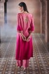 Aariyana Couture_Pink Kurta And Pant Bamber Silk Embroidered Floral Buttis Scalloped V Ombre Set _Online