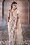 Aariyana Couture_Pink Saree Chiffon Printed Feather Sweetheart Pre-draped With Blouse _Online