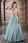 Buy_Aariyana Couture_Sky Blue Blouse Bamber Silk Embroidered Floral Pleated Skirt Set With Jacket 