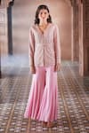 Buy_Aariyana Couture_Pink Jacket Net Hand Embroidered Pearl Work V Neck Sharara Set _at_Aza_Fashions