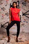 Echke_Red Lycra Cotton Plain Asymmetric Top _Online_at_Aza_Fashions