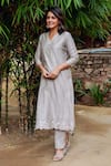 Missprint_Grey Kurta And Dupatta Silk Chanderi Embroidered Cutwork V Mist Detailed Set _Online_at_Aza_Fashions