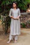 Shop_Missprint_Grey Kurta And Dupatta Silk Chanderi Embroidered Cutwork V Mist Detailed Set _Online_at_Aza_Fashions