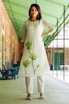 Shop_Missprint_White Kurta Silk Chanderi Hand Painted Floral Notched Round Blossom Set _Online_at_Aza_Fashions