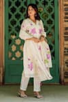 Shop_Missprint_White Kurta And Dupatta Silk Chanderi Hand Painted Floral V Blossom Pant Set _Online_at_Aza_Fashions