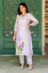 Missprint_Purple Kurta Silk Chanderi Hand Painted Floral V Neck Mist Pant Set _Online_at_Aza_Fashions