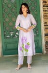 Missprint_Purple Kurta Silk Chanderi Hand Painted Floral V Neck Mist Pant Set _at_Aza_Fashions