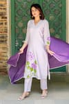 Shop_Missprint_Purple Kurta Silk Chanderi Hand Painted Floral V Neck Mist Pant Set 