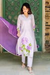 Missprint_Purple Kurta Silk Chanderi Hand Painted Floral V Neck Mist Pant Set _Online