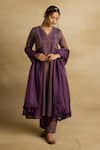 Buy_Rhua_Purple Kota Silk Embroidery Aari V Neck Alani And Zardozi Panelled Kurta Set _at_Aza_Fashions