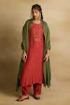 Buy_Rhua India_Red Tissue Chanderi Embroidery Aari Round Neck Naira Phool Bloom Kurta Set _at_Aza_Fashions