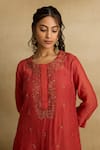 Rhua India_Red Tissue Chanderi Embroidery Aari Round Neck Naira Phool Bloom Kurta Set _Online_at_Aza_Fashions