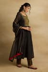 Shop_Rhua India_Black Mul Chanderi Embroidery Aari Round Neck Parnika Floral Yoke Kurta Set _Online_at_Aza_Fashions