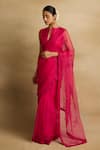 Rhua_Pink Organza Embroidery Aari High Notched Ziya Petunia And Zardozi Saree Set _Online_at_Aza_Fashions