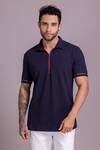 Buy_AMIT ARORA_Blue Cotton Knit Half Sleeve Zipper T-shirt _at_Aza_Fashions