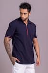 Buy_AMIT ARORA_Blue Cotton Knit Half Sleeve Zipper T-shirt _Online_at_Aza_Fashions