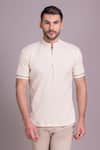 Buy_AMIT ARORA_Cream Cotton Knit Trim Detailed T-shirt _at_Aza_Fashions