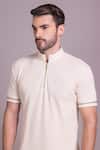 Shop_AMIT ARORA_Cream Cotton Knit Trim Detailed T-shirt _Online_at_Aza_Fashions