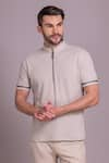 Buy_AMIT ARORA_Beige Cotton Knit Trim Detailed T-shirt _at_Aza_Fashions