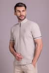 AMIT ARORA_Beige Cotton Knit Trim Detailed T-shirt _Online_at_Aza_Fashions