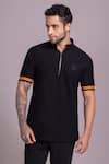 Buy_AMIT ARORA_Black Cotton Knit Collared Half Sleeve T-shirt _at_Aza_Fashions