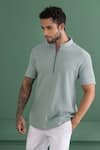 Buy_AMIT ARORA_Blue Cotton Knit Collared T-shirt _at_Aza_Fashions