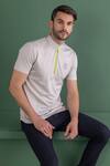 Buy_AMIT ARORA_Grey Cotton Knit Half Sleeve Collared T-shirt _at_Aza_Fashions