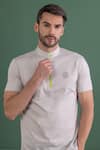 Shop_AMIT ARORA_Grey Cotton Knit Half Sleeve Collared T-shirt _Online_at_Aza_Fashions