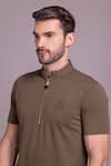 Shop_AMIT ARORA_Brown Cotton Knit Front Zipper Half Sleeve T-shirt _Online_at_Aza_Fashions