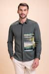 Buy_AMIT ARORA_Green Cotton Knit Patchwork Canvas Shirt _at_Aza_Fashions