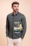 AMIT ARORA_Green Cotton Knit Patchwork Canvas Shirt _Online_at_Aza_Fashions