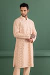 Shop_AMIT ARORA_Peach Kurta Silk Chanderi Embroidery Mirror Work Set _Online_at_Aza_Fashions