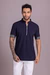 Buy_AMIT ARORA_Blue Cotton Knit Plain Sleeve Embroidered T Shirt _at_Aza_Fashions