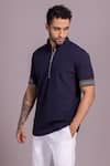 AMIT ARORA_Blue Cotton Knit Plain Sleeve Embroidered T Shirt _Online_at_Aza_Fashions