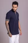 Buy_AMIT ARORA_Blue Cotton Knit Plain Sleeve Embroidered T Shirt _Online_at_Aza_Fashions