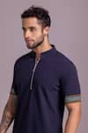 Shop_AMIT ARORA_Blue Cotton Knit Plain Sleeve Embroidered T Shirt _Online_at_Aza_Fashions