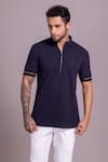 Buy_AMIT ARORA_Blue Cotton Knit Plain Half Sleeve T Shirt _at_Aza_Fashions