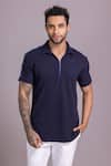 Buy_AMIT ARORA_Blue Cotton Knit Plain Solid Zipper T Shirt _at_Aza_Fashions