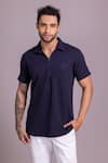 Shop_AMIT ARORA_Blue Cotton Knit Plain Solid Zipper T Shirt _Online_at_Aza_Fashions