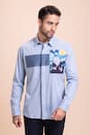 AMIT ARORA_Sky Blue Cotton Knit Patchwork Placed Shirt _Online_at_Aza_Fashions