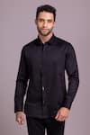 Buy_AMIT ARORA_Black Cotton Lycra Plain Metallic Button Shirt _at_Aza_Fashions