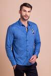 Buy_AMIT ARORA_Blue Cotton Knit Threadwork Reindeer Shirt _at_Aza_Fashions