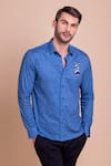 AMIT ARORA_Blue Cotton Knit Threadwork Reindeer Shirt _Online_at_Aza_Fashions