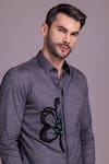 Shop_AMIT ARORA_Grey Cotton Knit Embellished Bead Floral Shirt _Online_at_Aza_Fashions