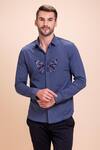 Buy_AMIT ARORA_Blue Cotton Knit Threadwork Butterfly Textured Shirt _at_Aza_Fashions