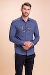 Shop_AMIT ARORA_Blue Cotton Knit Threadwork Butterfly Textured Shirt _Online_at_Aza_Fashions