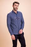 AMIT ARORA_Blue Cotton Knit Threadwork Butterfly Textured Shirt _at_Aza_Fashions