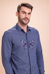 Buy_AMIT ARORA_Blue Cotton Knit Threadwork Butterfly Textured Shirt 