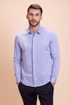 AMIT ARORA_Sky Blue Cotton Knit Threadwork Horse Shirt _Online_at_Aza_Fashions